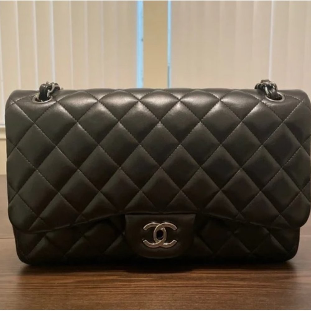 CHANEL Classic Double Flap Jumbo Shoulder Bag Purse Black Lambskin Silver Chain